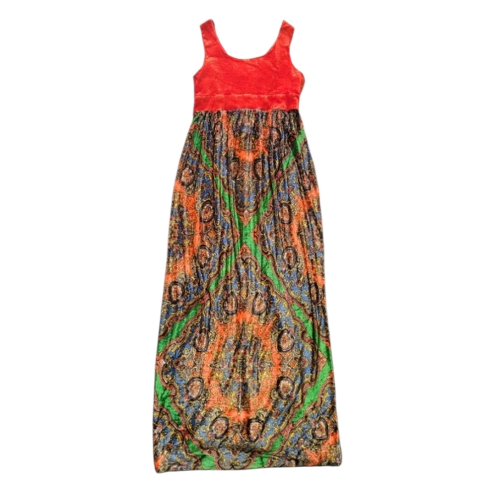 Vintage Campus Casuals Velour Tapestry Maxi Dress 70's Hippie Boho Paisley S - Picture 2 of 7